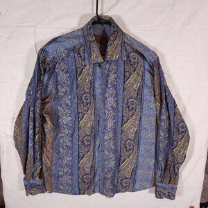 Kuhlman Button Shirt Mens Size 4 Long Sleeve Paisley Blue Brown 90s Retro Disco